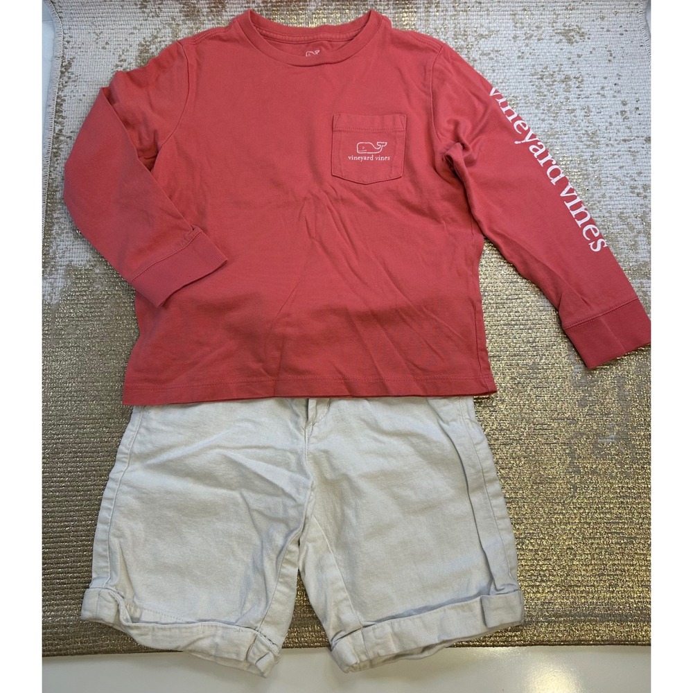 VINEYARD VINES GYMBOREE Long Sleeve Coral & White Linen Shorts Outfit 5 Toddler